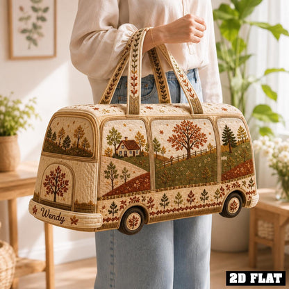 Personalized Autumn Camper Duffle Bag, Custom Name Quilted Travel Tote, Cozy Fall Road Trip Carryall, Gift 2026, Weekender Travel Bag