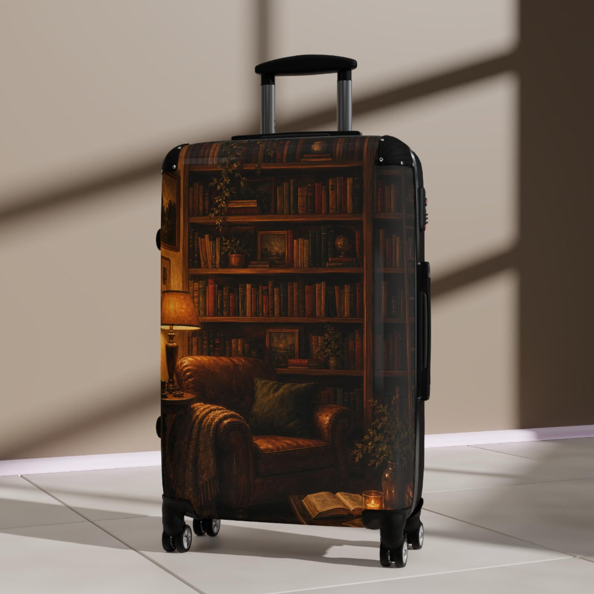 Cozy Library Evening Interior Suitcase | Personalized Hard Shell Luggage