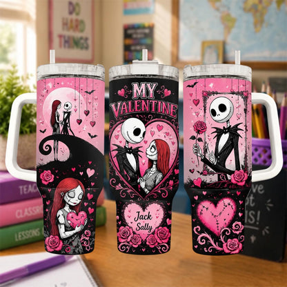 Personalized Horror Couple Tumbler 40oz, Custom Name Cup With Handle, Gothic Couple Travel Mug, Romantic Halloween Gift