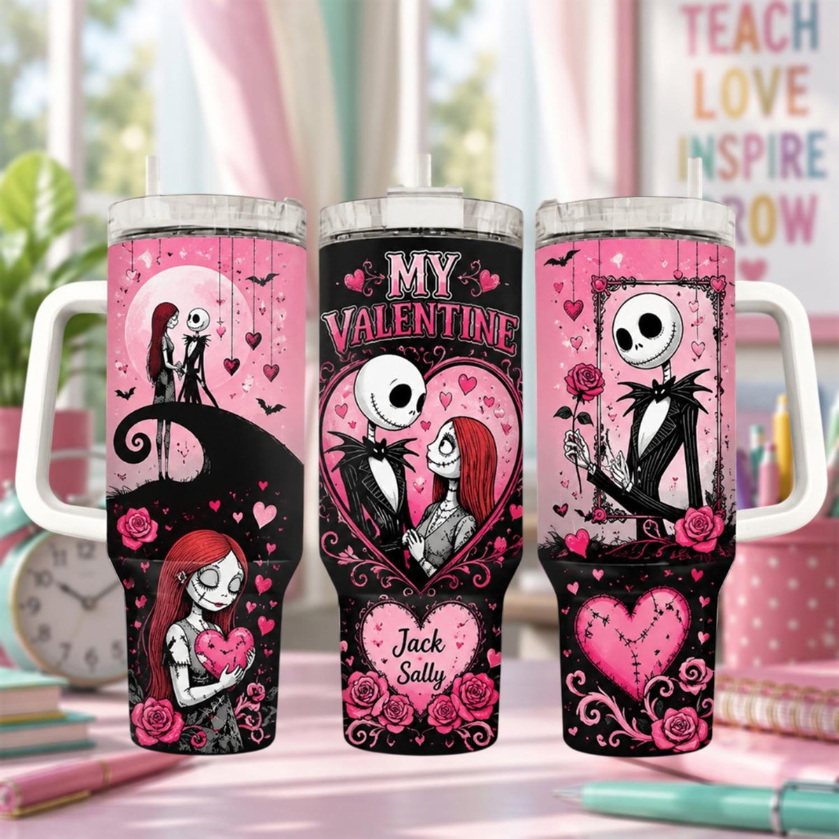 Personalized Horror Couple Tumbler 40oz, Custom Name Cup With Handle, Gothic Couple Travel Mug, Romantic Halloween Gift