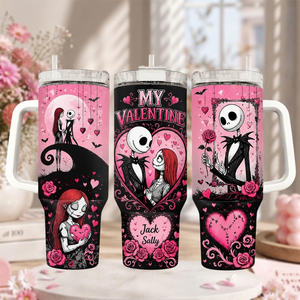 Personalized Horror Couple Tumbler 40oz, Custom Name Cup With Handle, Gothic Couple Travel Mug, Romantic Halloween Gift