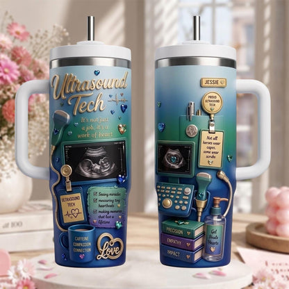 Personalized Ultrasound Tech Tumbler 40oz, Custom Sonographer Name Cup With Handle, Ultrasound Technician Travel Mug