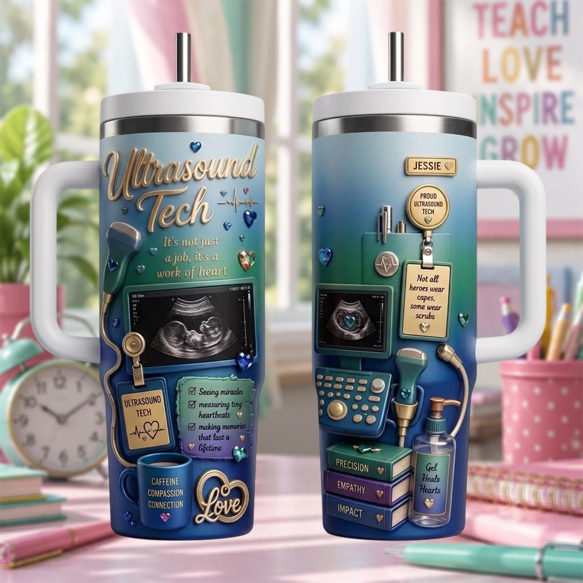Personalized Ultrasound Tech Tumbler 40oz, Custom Sonographer Name Cup With Handle, Ultrasound Technician Travel Mug