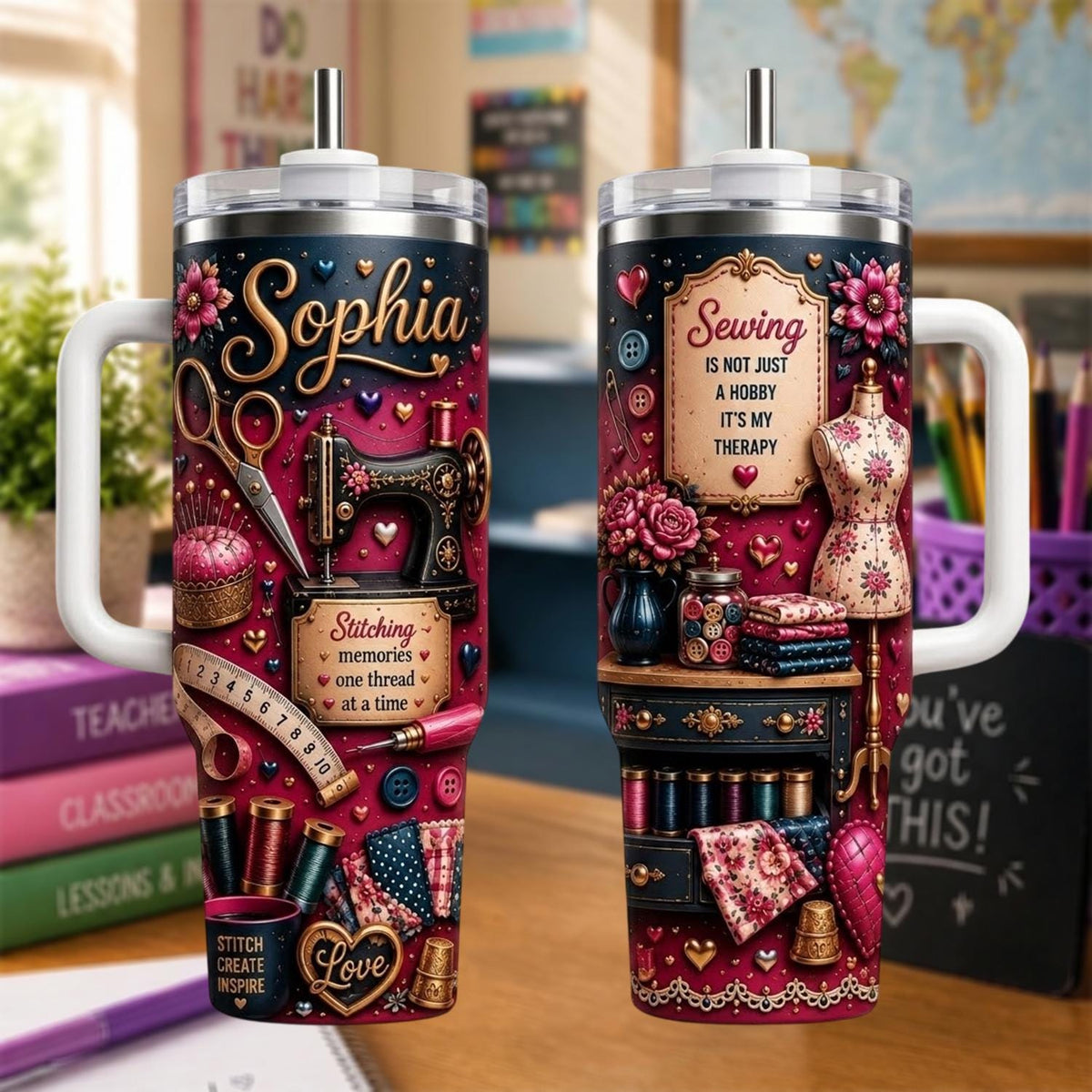 Personalized Sewing Tumbler 40oz, Custom Seamstress Name Cup, Sewing Therapy Travel Mug, Sewing Lover Gift