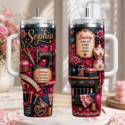 Personalized Sewing Tumbler 40oz, Custom Seamstress Name Cup, Sewing Therapy Travel Mug, Sewing Lover Gift