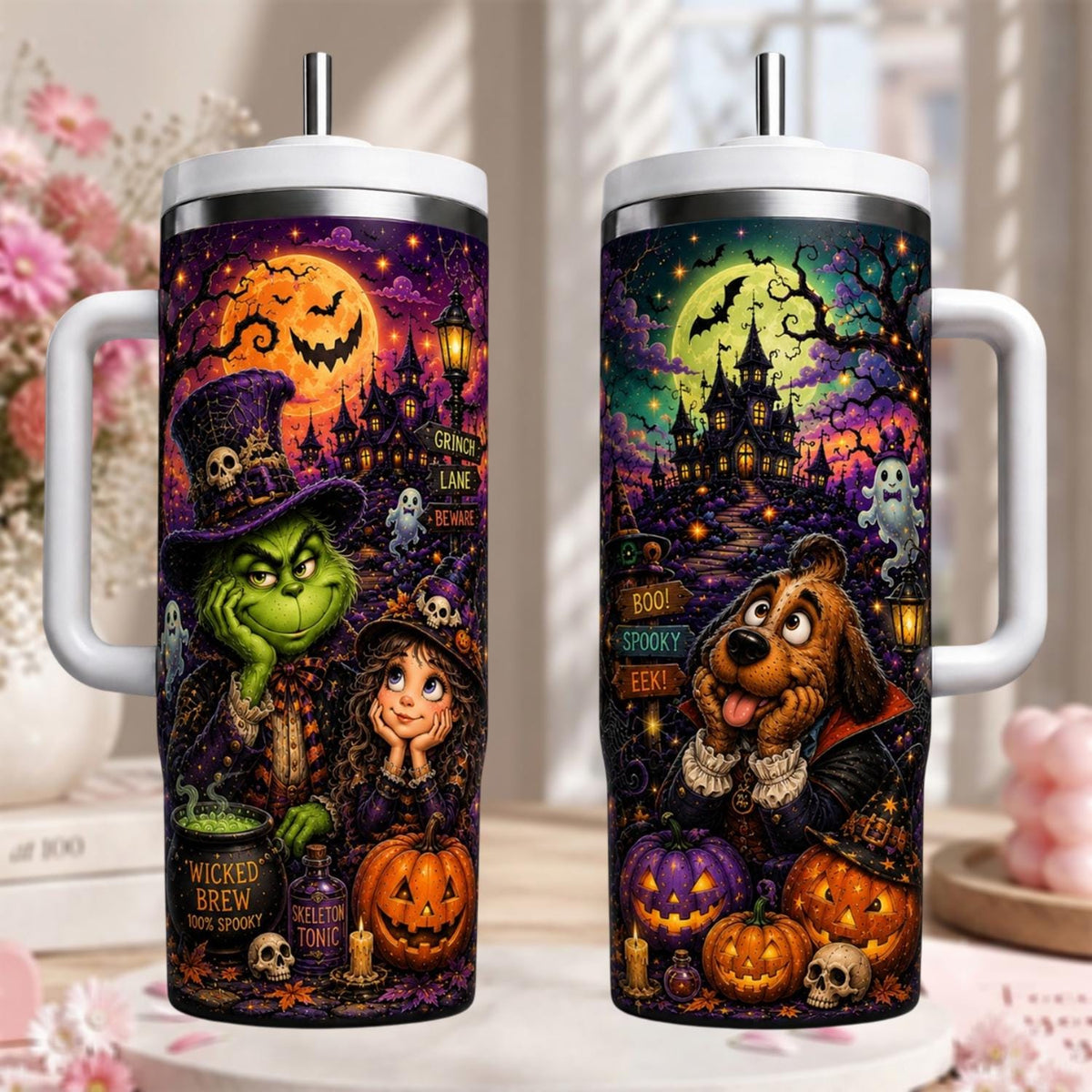 Personalized Halloween Tumbler 40oz, Custom Name Spooky Cup With Handle, Gothic Pumpkin Travel Mug, Horror Lover Gift