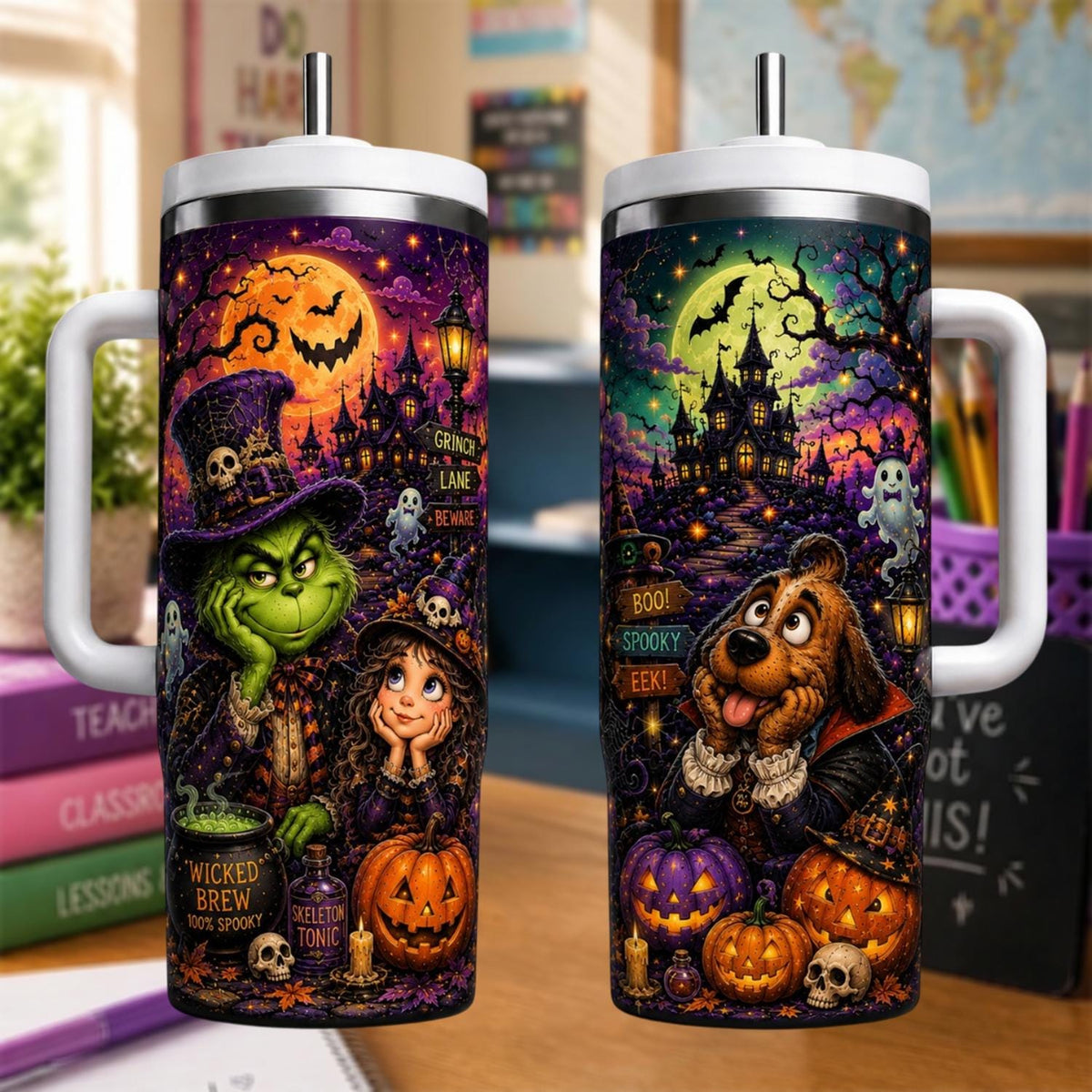 Personalized Halloween Tumbler 40oz, Custom Name Spooky Cup With Handle, Gothic Pumpkin Travel Mug, Horror Lover Gift