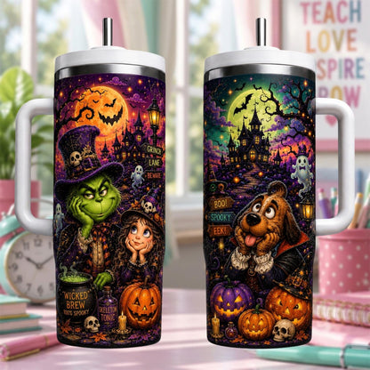 Personalized Halloween Tumbler 40oz, Custom Name Spooky Cup With Handle, Gothic Pumpkin Travel Mug, Horror Lover Gift