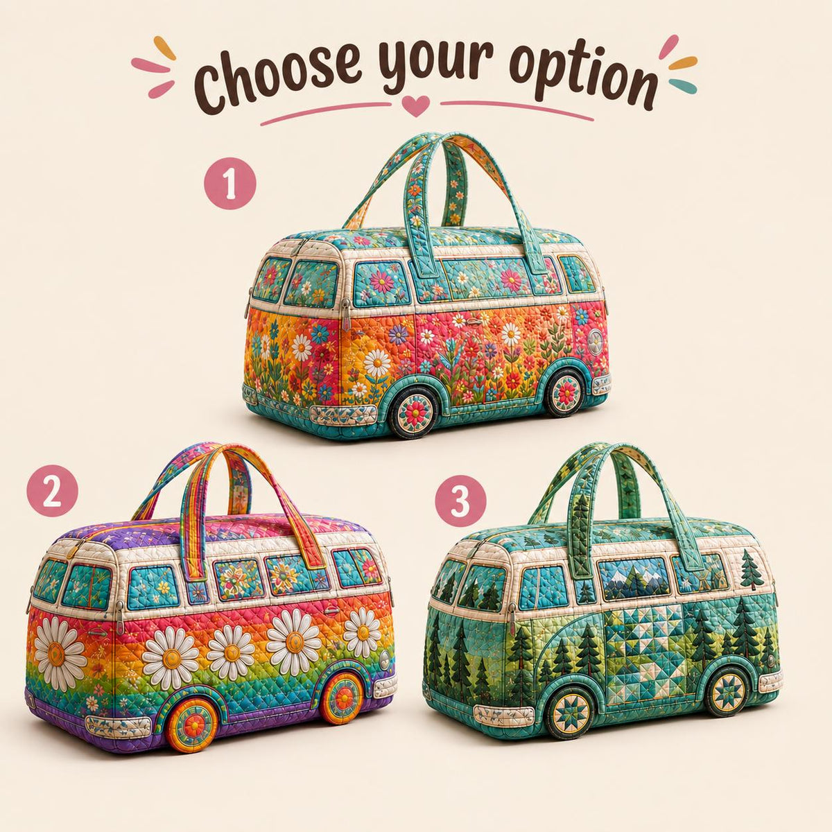 Quilted Camper Van Duffel Bag, Boho Floral Weekender, Retro Travel Tote, Cute Overnight Bag, Personalized Gift For Her, Road Gift, Gift 2026