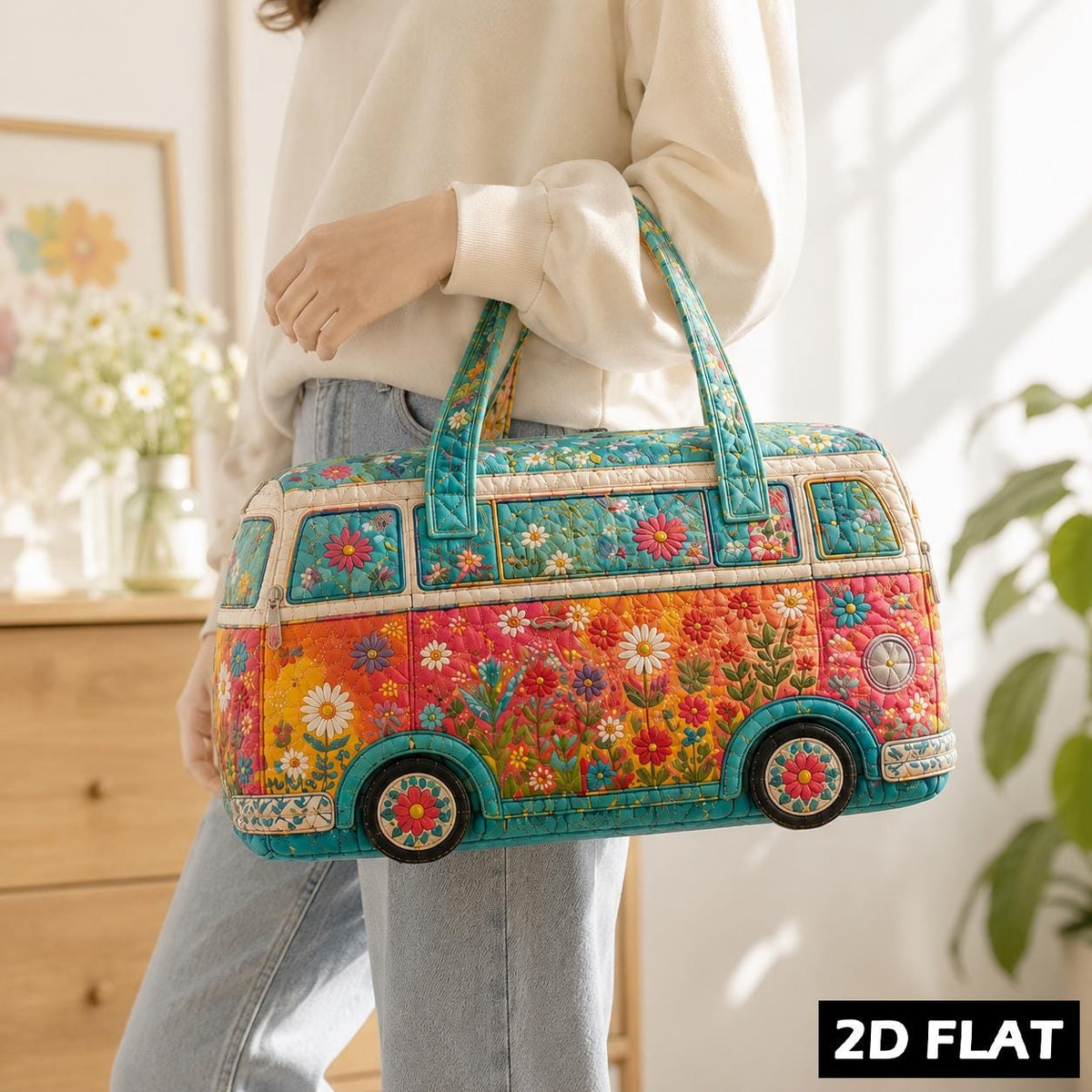 Quilted Camper Van Duffel Bag, Boho Floral Weekender, Retro Travel Tote, Cute Overnight Bag, Personalized Gift For Her, Road Gift, Gift 2026