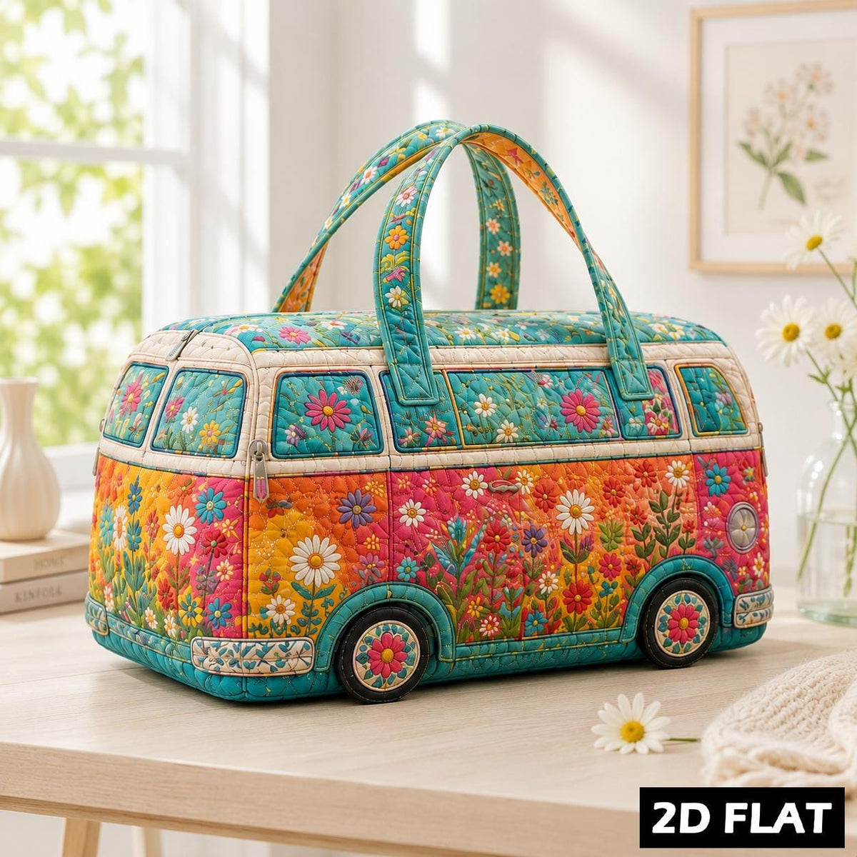 Quilted Camper Van Duffel Bag, Boho Floral Weekender, Retro Travel Tote, Cute Overnight Bag, Personalized Gift For Her, Road Gift, Gift 2026