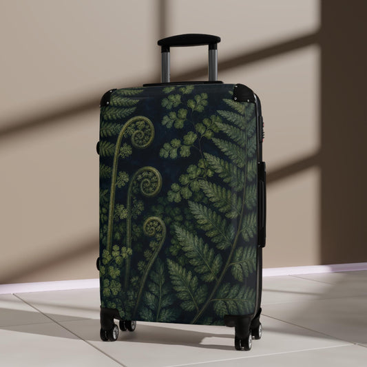 Fern Fronds On Midnight Blue Suitcase | Personalized Hard Shell Luggage