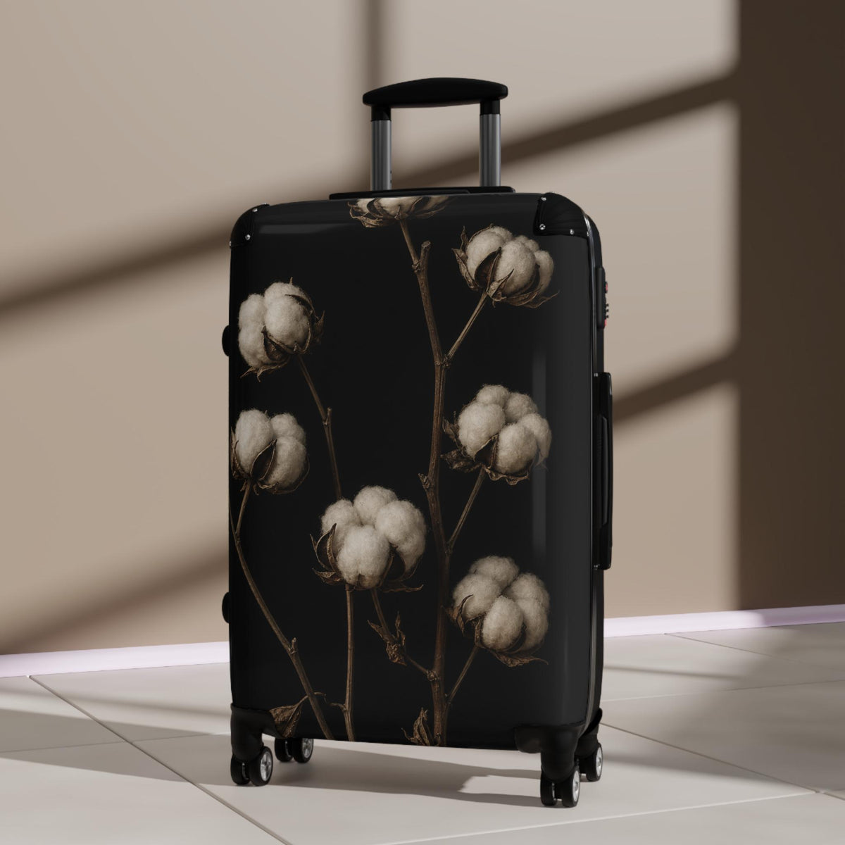 Dried Cotton Stems On Black Suitcase | Personalized Hard Shell Luggage