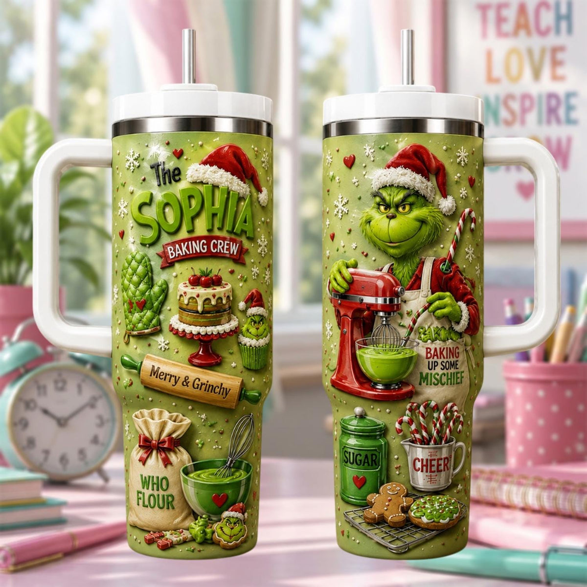 Personalized Grin Baking Tumbler 40oz, Christmas Tumbler, Custom Name Baker Cup, Funny Holiday Baking Gift, Green Lover Gift
