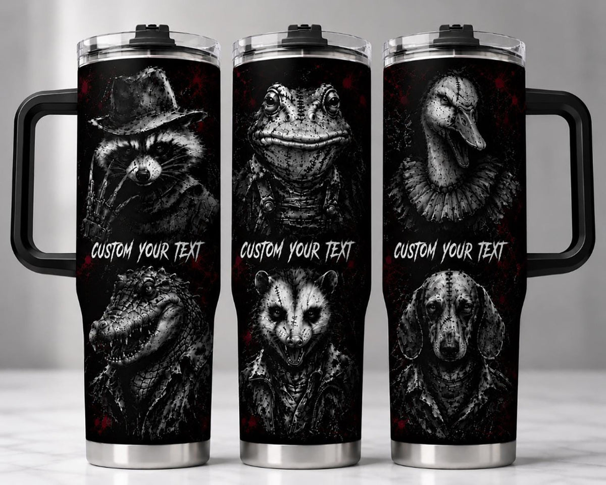 Personalized Dark Animal Tumbler 40oz With Handle, Custom Text Gothic Tumbler, Horror Animal Lover Gift, Halloween Gift