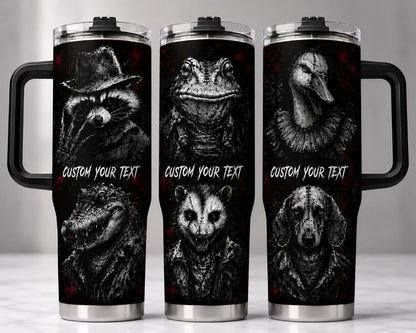 Personalized Dark Animal Tumbler 40oz With Handle, Custom Text Gothic Tumbler, Horror Animal Lover Gift, Halloween Gift