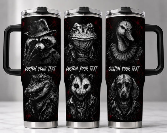 Personalized Dark Animal Tumbler 40oz With Handle, Custom Text Gothic Tumbler, Horror Animal Lover Gift, Halloween Gift