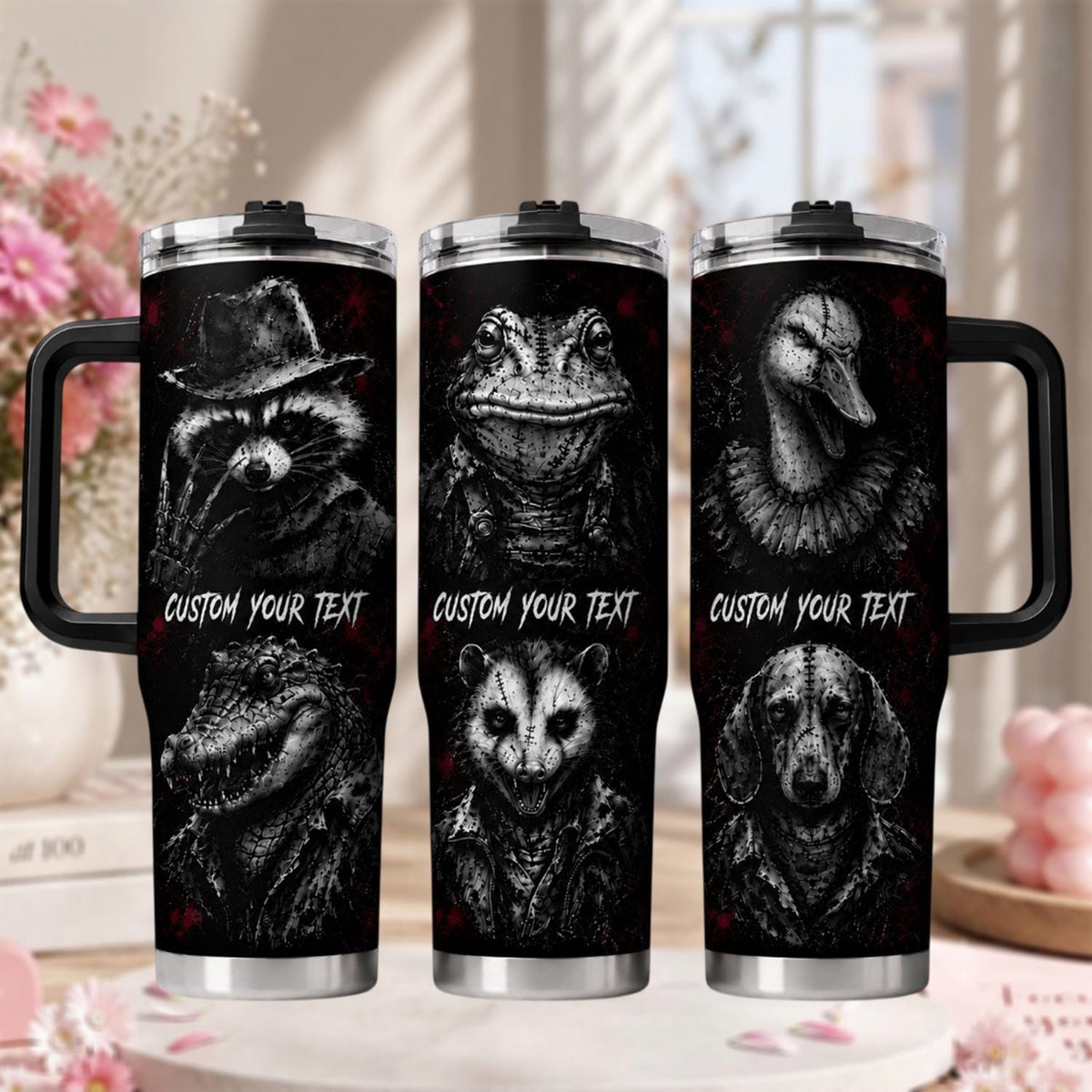 Personalized Dark Animal Tumbler 40oz With Handle, Custom Text Gothic Tumbler, Horror Animal Lover Gift, Halloween Gift