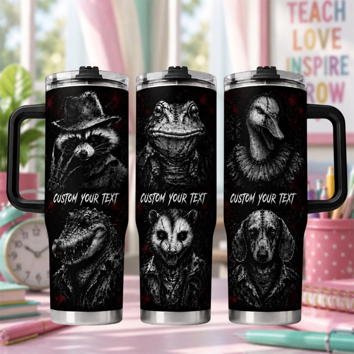 Personalized Dark Animal Tumbler 40oz With Handle, Custom Text Gothic Tumbler, Horror Animal Lover Gift, Halloween Gift