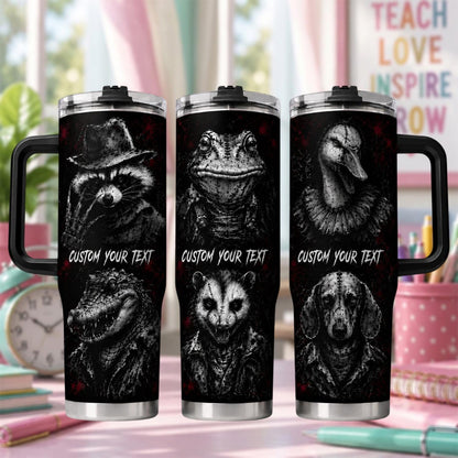 Personalized Dark Animal Tumbler 40oz With Handle, Custom Text Gothic Tumbler, Horror Animal Lover Gift, Halloween Gift