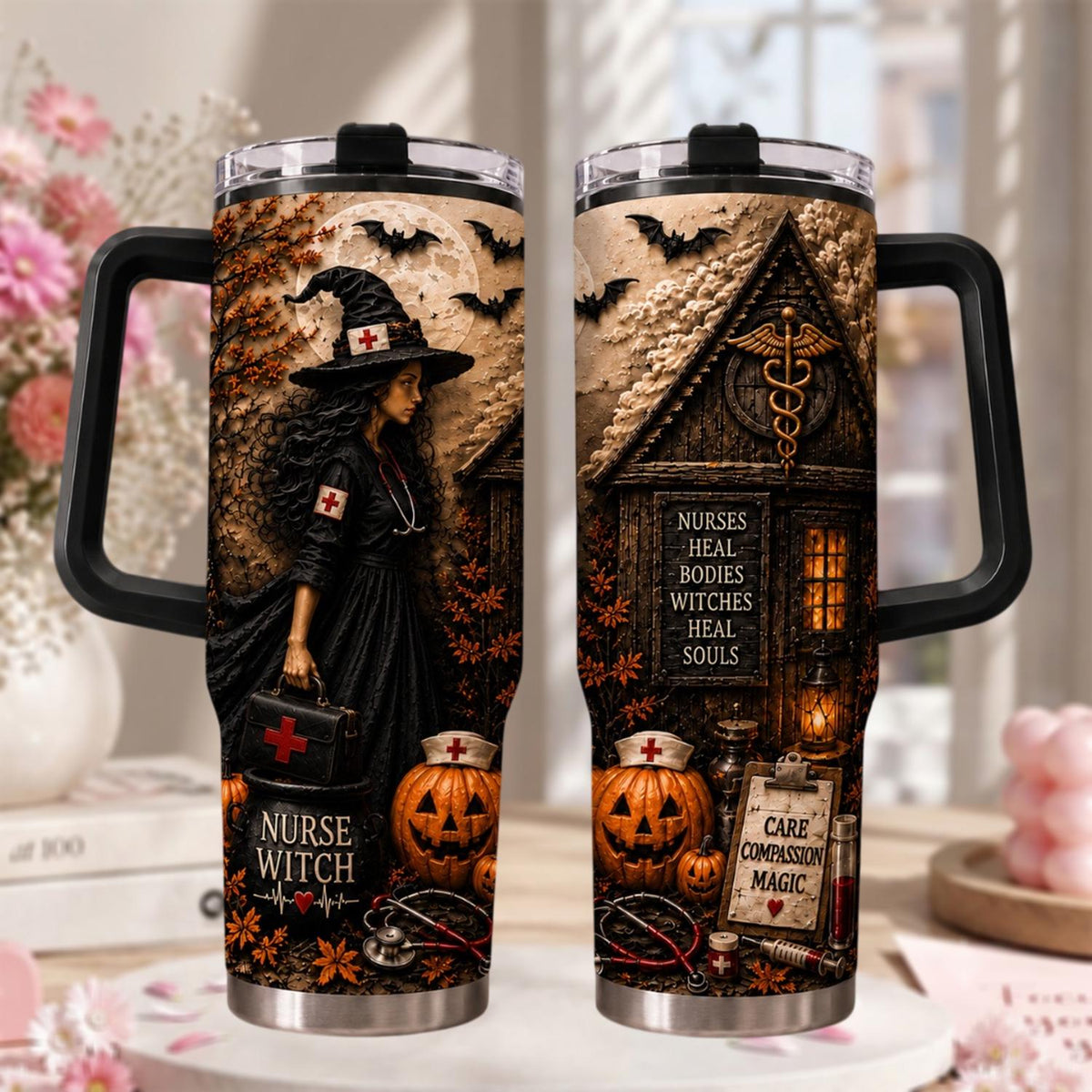 Personalized Halloween Nurse Tumbler 40oz, Nurse Tumbler With Handle, Custom Name Medical Cup, Gothic Nurse Halloween Gift