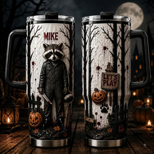 Personalized Halloween Raccoon Tumbler 40oz, Custom Name Raccoon Horror Cup, Spooky Animal Lover Gift, Halloween Gift