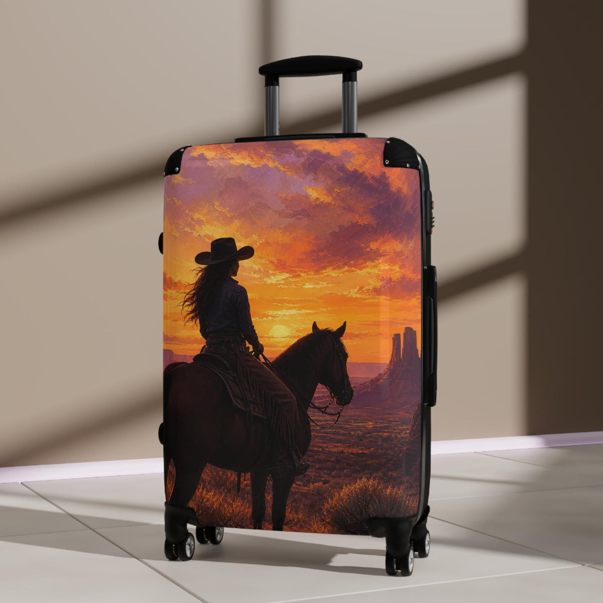 Cowgirl On Horse Western Sunset Suitcase | Personalized Hard Shell Luggage