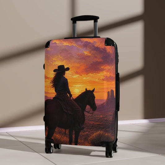 Cowgirl On Horse Western Sunset Suitcase | Personalized Hard Shell Luggage