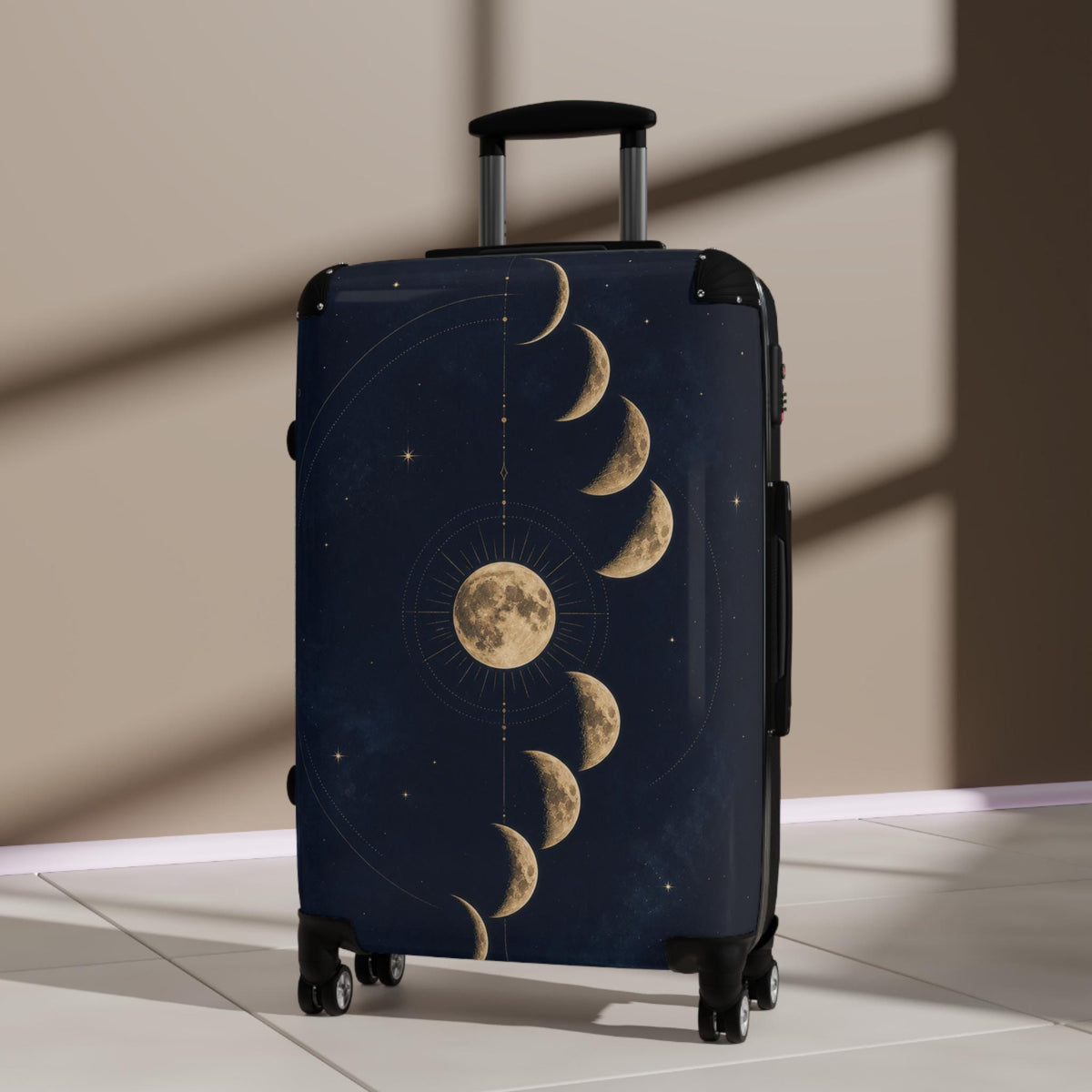 Celestial Moon Phases, Gold On Midnight Suitcase | Personalized Hard Shell Luggage