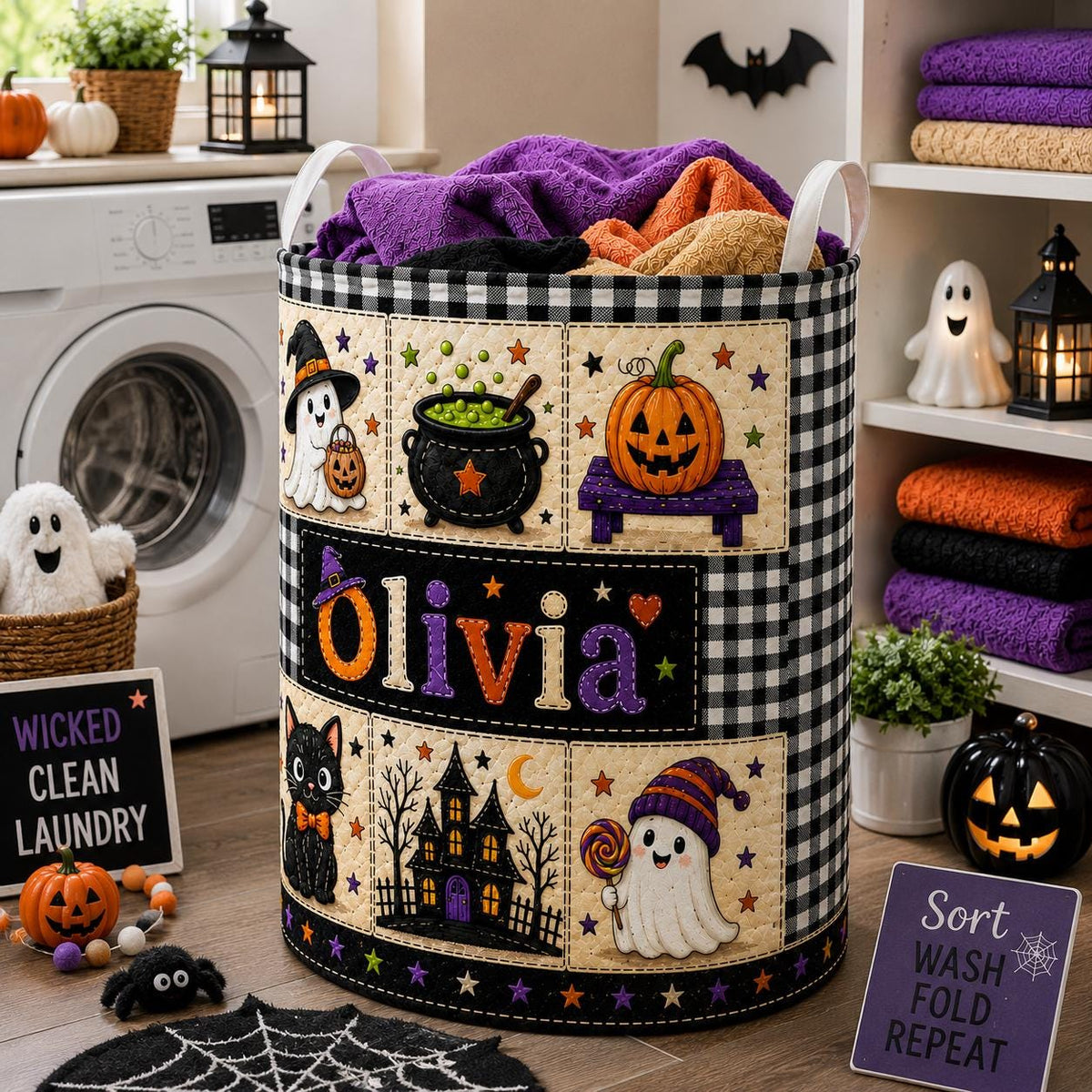 Personalized Halloween Laundry Basket, Custom Name Trick Or Treat, Ghost Pumpkin Cat Decor, Candy Holder, Fall Party Accent, Gift 2026