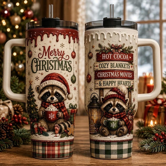 Personalized Christmas Tumbler 40oz, Custom Raccoon Name Cup With Handle, Hot Cocoa Christmas Tumbler, Cozy Holiday Gift