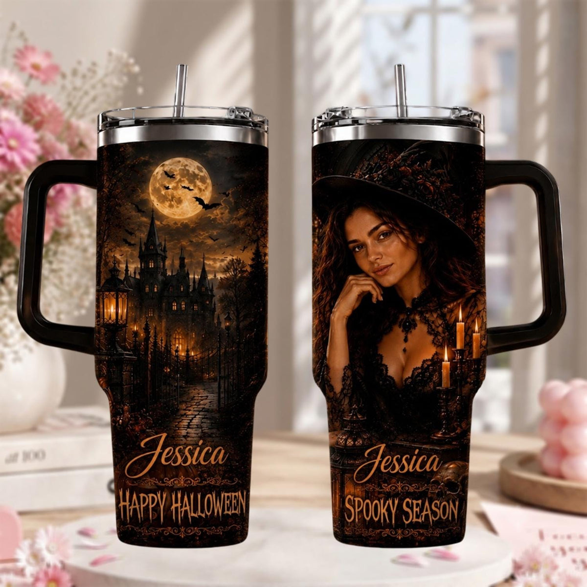 Personalized Halloween Tumbler 40oz, Custom Witch Name Cup With Handle, Spooky Gothic Halloween Tumbler, Witch Lover Gift