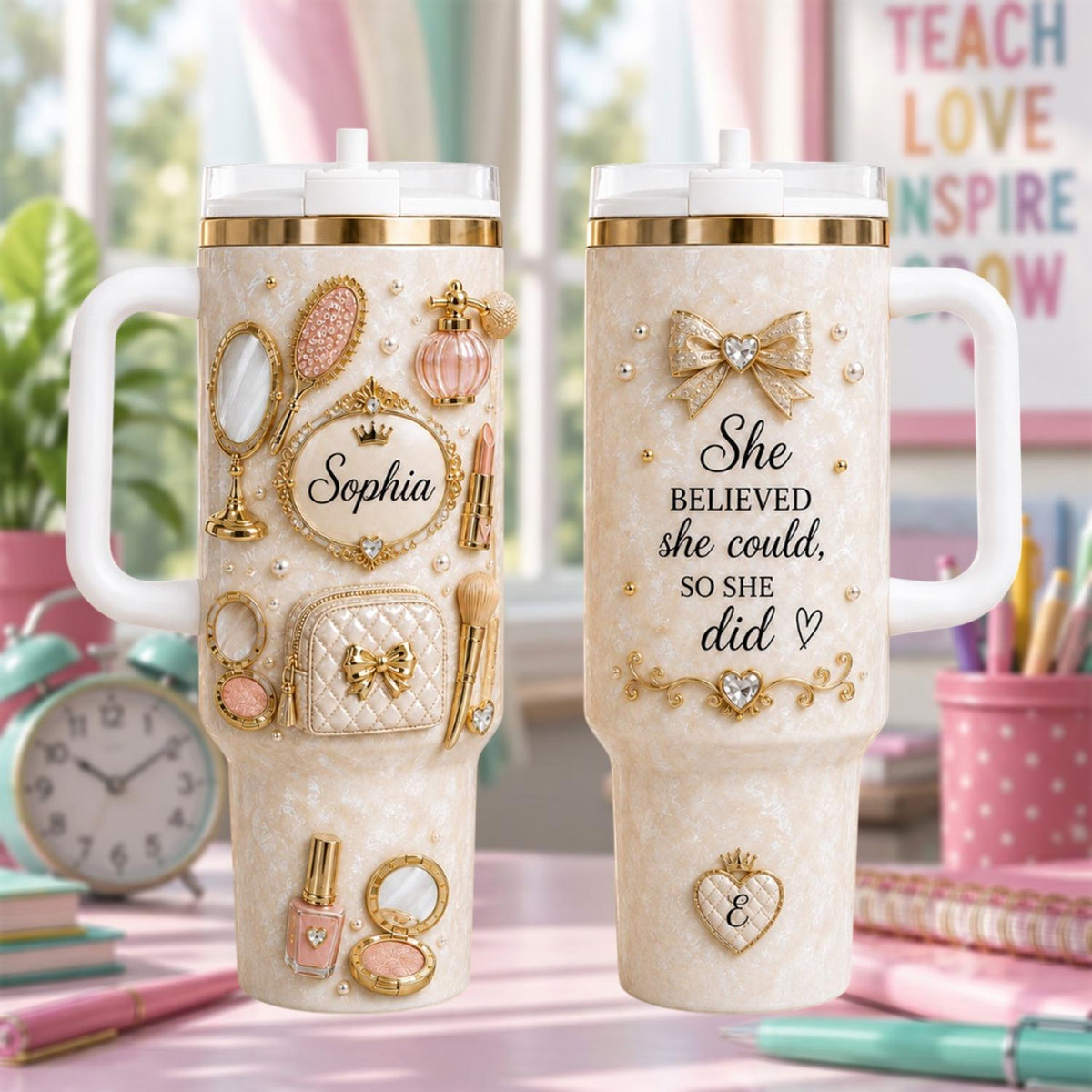 Personalized Beauty Tumbler 40oz, Custom Name Cup With Handle, Elegant Makeup Tumbler For Women, Inspirational Gift
