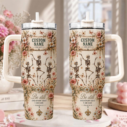 Personalized Skeleton Tumbler 40oz, Custom Floral Skeleton Cup, Christian Halloween Tumbler, Psalm 46:10 Gift