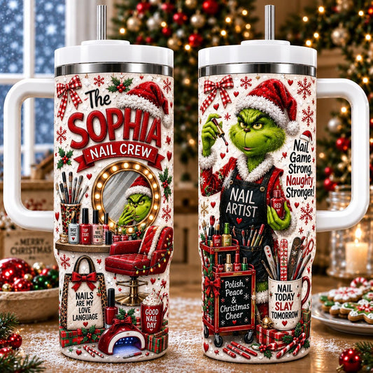 Personalized Nail Artist Tumbler 40oz, Custom Name Grinch Christmas Cup With Handle, Funny Nail Tech Tumbler, Nail Artist Gift