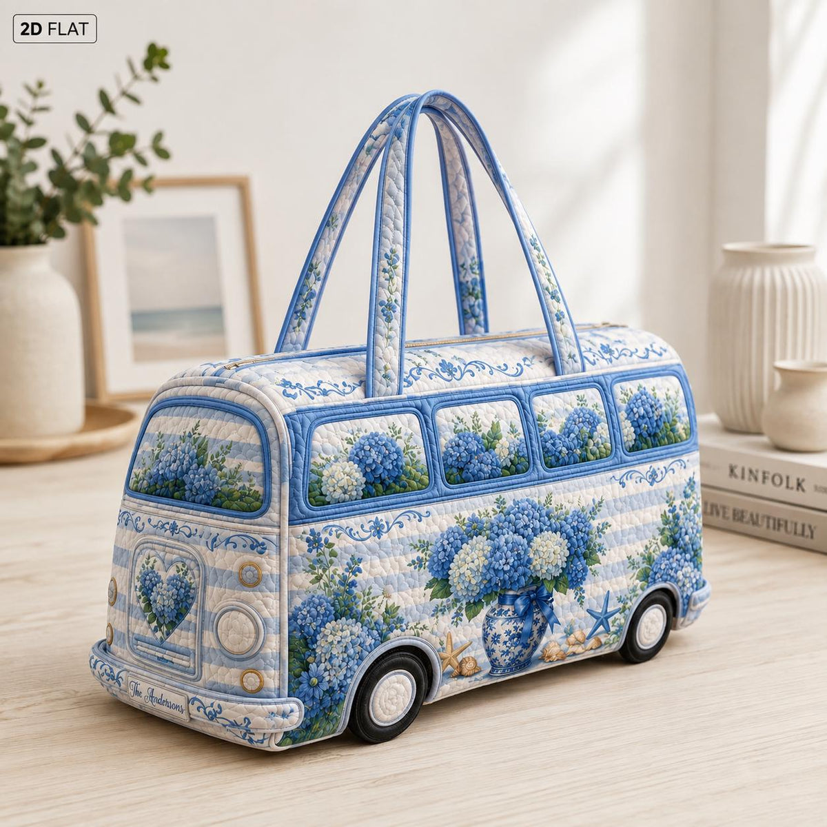 Blue Hydrangea Quilted Tote Bag, Floral Summer Purse, Coastal Garden Gift, Elegant Travel Bag For Her, Gift 2026, Personalized Carryall