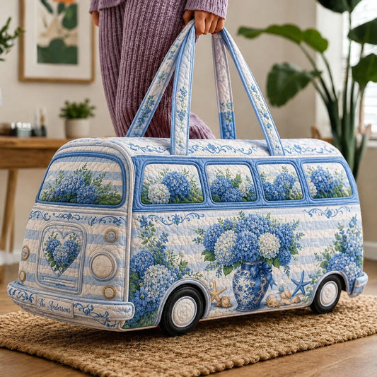 Blue Hydrangea Quilted Tote Bag, Floral Summer Purse, Coastal Garden Gift, Elegant Travel Bag For Her, Gift 2026, Personalized Carryall