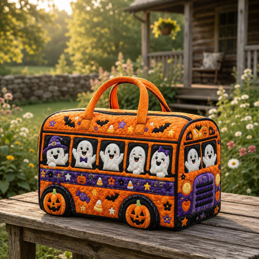Halloween Ghost Bus Quilted Bag, Spooky Travel Tote, Pumpkin Candy Carrier, Trick Or Treat Storage Bag, Halloween Gift 2026, Custom Name