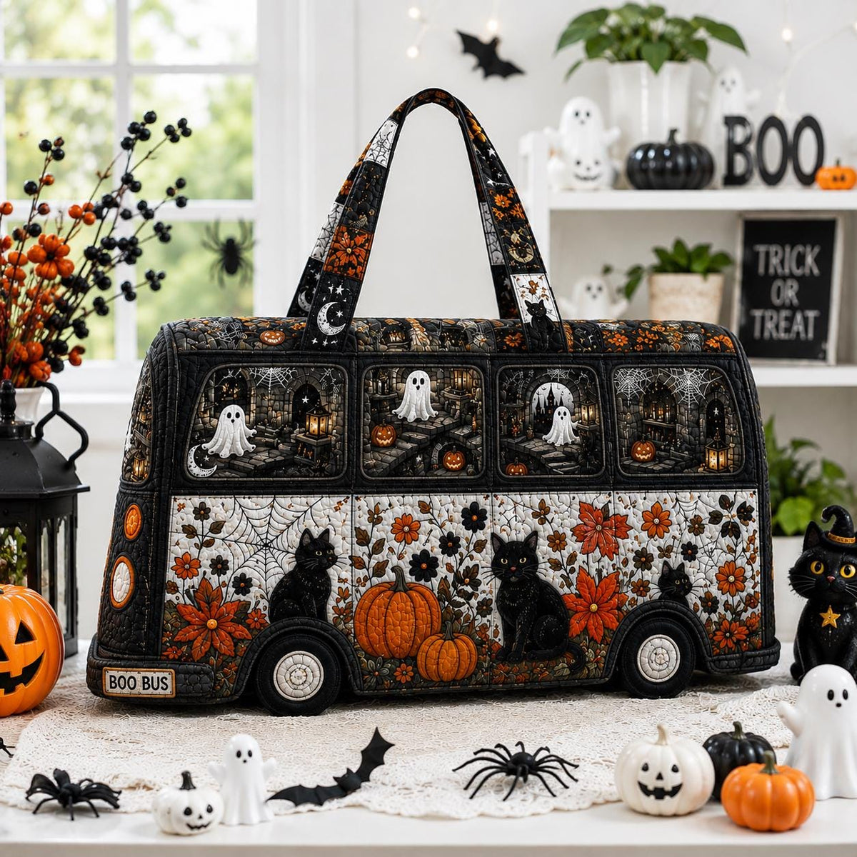 Halloween Quilted Travel Bag, Ghost Pumpkin Weekender Duffel, Black Cat Fall Carryall, Spooky Gift 2026, Gothic Overnight Bag, Autumn Travel