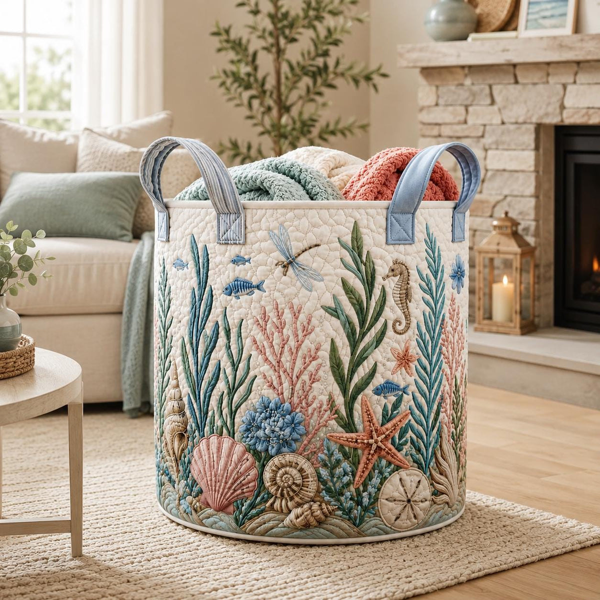 Personalized Ocean Quilt Laundry Basket, Coastal Nursery Decor, Sea Life Laundry Hamper, Quilted Beach Basket, Baby Gift 2026