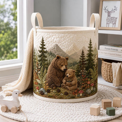 Bear Family Quilt Laundry Basket, Woodland Nursery Decor, Rustic Baby Room Organizer, Forest Animal Hamper, Kids Room Storage, Gift 2026