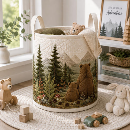Bear Family Quilt Laundry Basket, Woodland Nursery Decor, Rustic Baby Room Organizer, Forest Animal Hamper, Kids Room Storage, Gift 2026