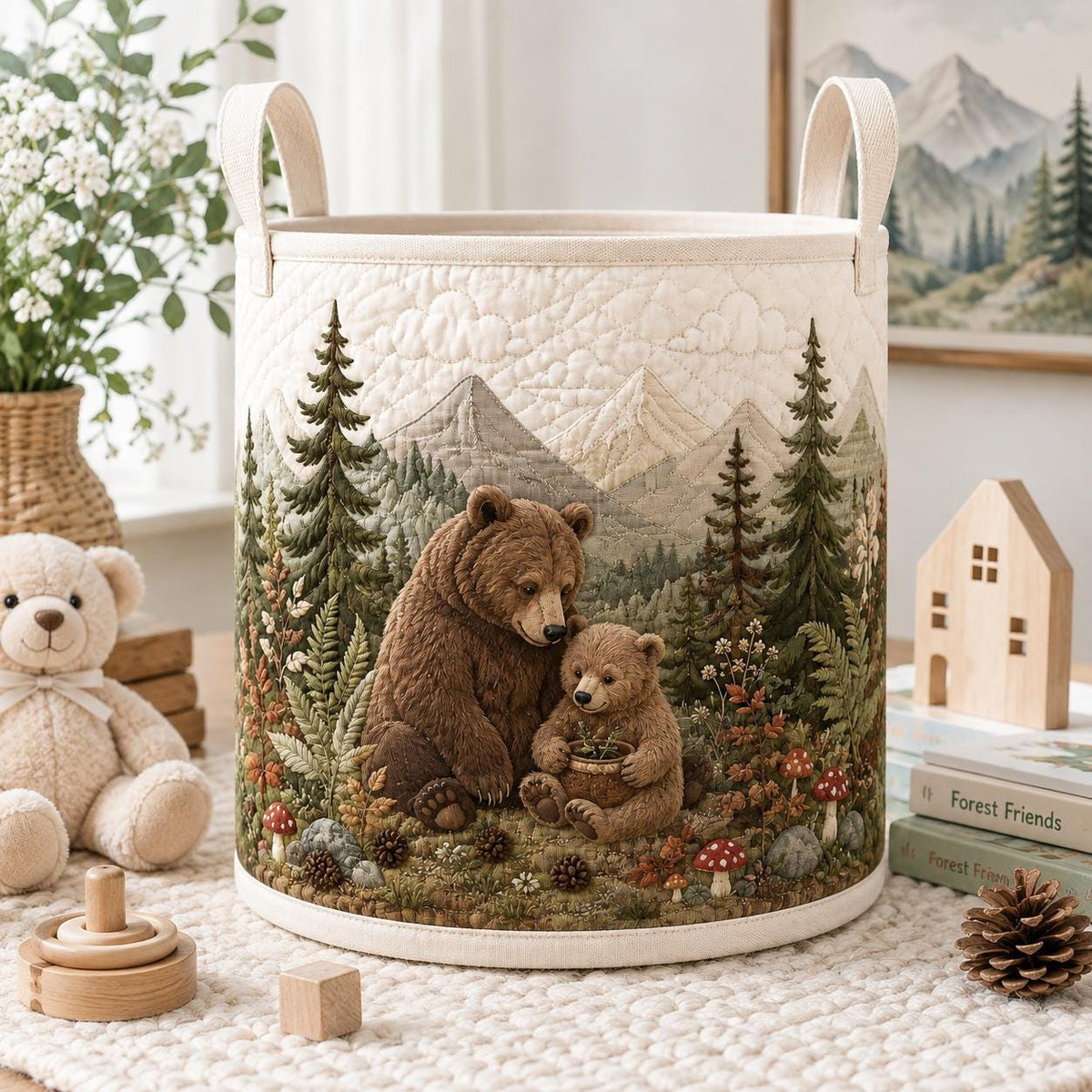 Bear Family Quilt Laundry Basket, Woodland Nursery Decor, Rustic Baby Room Organizer, Forest Animal Hamper, Kids Room Storage, Gift 2026