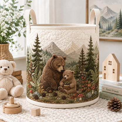Bear Family Quilt Laundry Basket, Woodland Nursery Decor, Rustic Baby Room Organizer, Forest Animal Hamper, Kids Room Storage, Gift 2026
