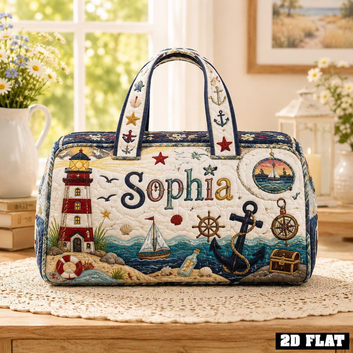 Personalized Coastal Duffle Bag, Quilted Nautical Travel Bag, Beach Vacation Tote, Custom Name Gift, Seaside Carryall For Her, Gift 2026