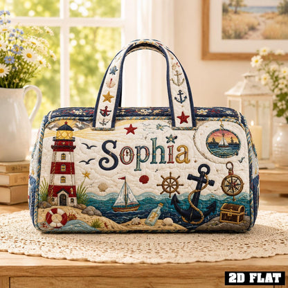 Personalized Coastal Duffle Bag, Quilted Nautical Travel Bag, Beach Vacation Tote, Custom Name Gift, Seaside Carryall For Her, Gift 2026