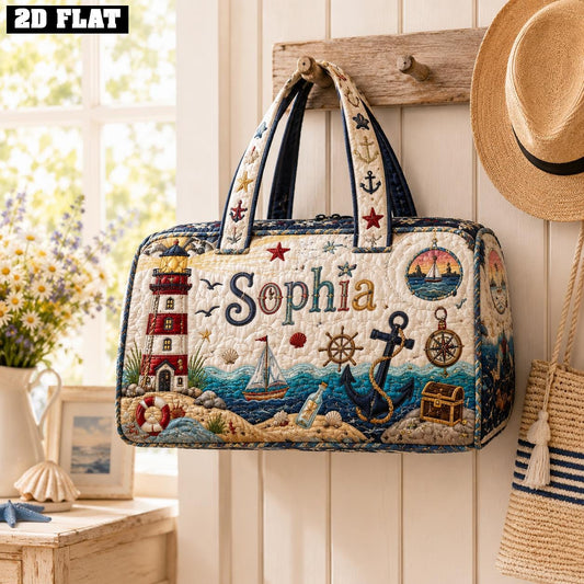 Personalized Coastal Duffle Bag, Quilted Nautical Travel Bag, Beach Vacation Tote, Custom Name Gift, Seaside Carryall For Her, Gift 2026