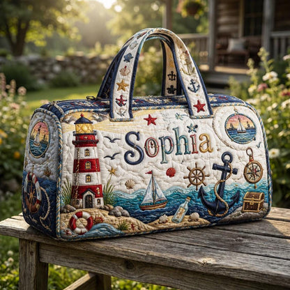 Personalized Coastal Duffle Bag, Quilted Nautical Travel Bag, Beach Vacation Tote, Custom Name Gift, Seaside Carryall For Her, Gift 2026
