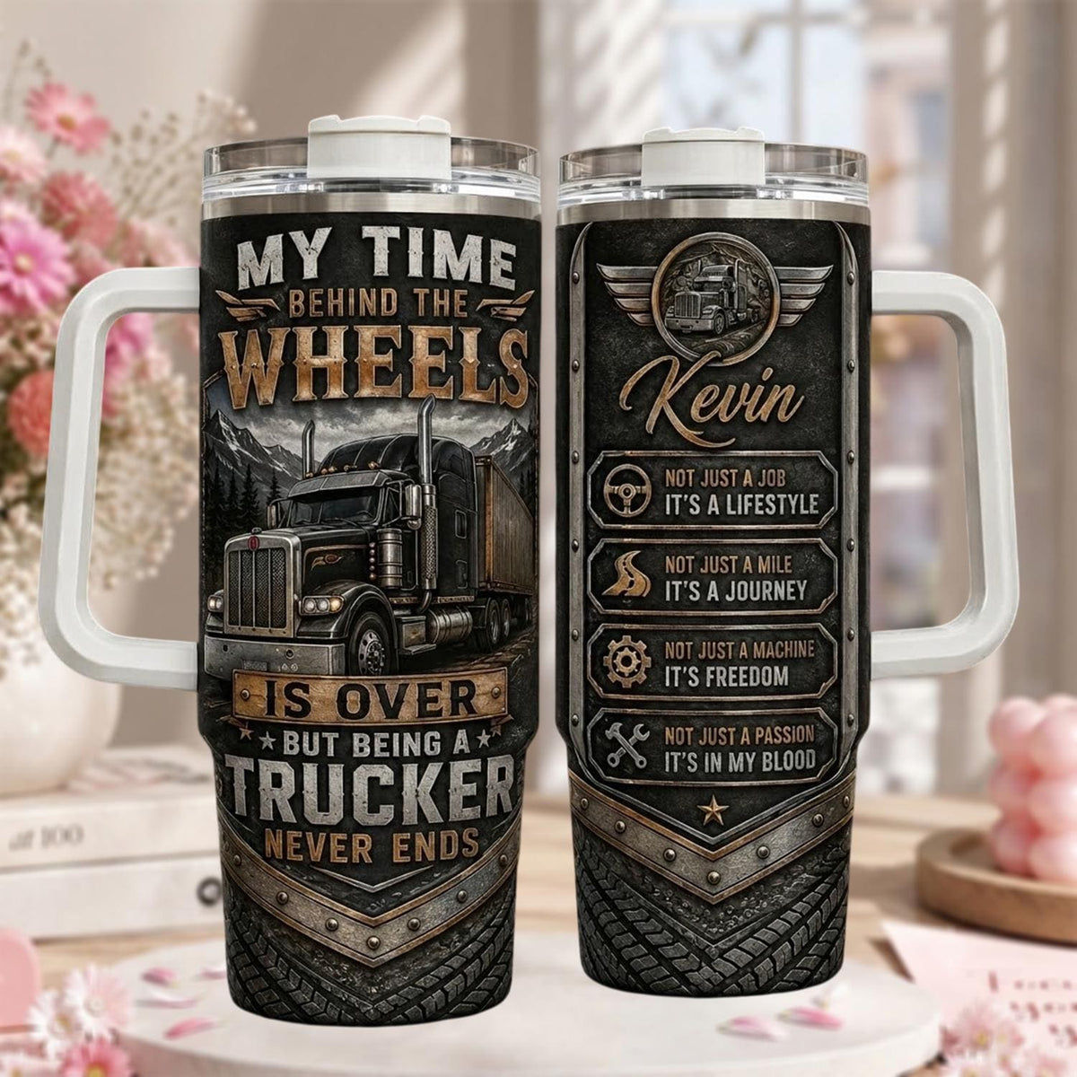Personalized Trucker Tumbler 40oz, Custom Trucker Name Cup With Handle, Semi Truck Driver Gift, Trucking Tumbler