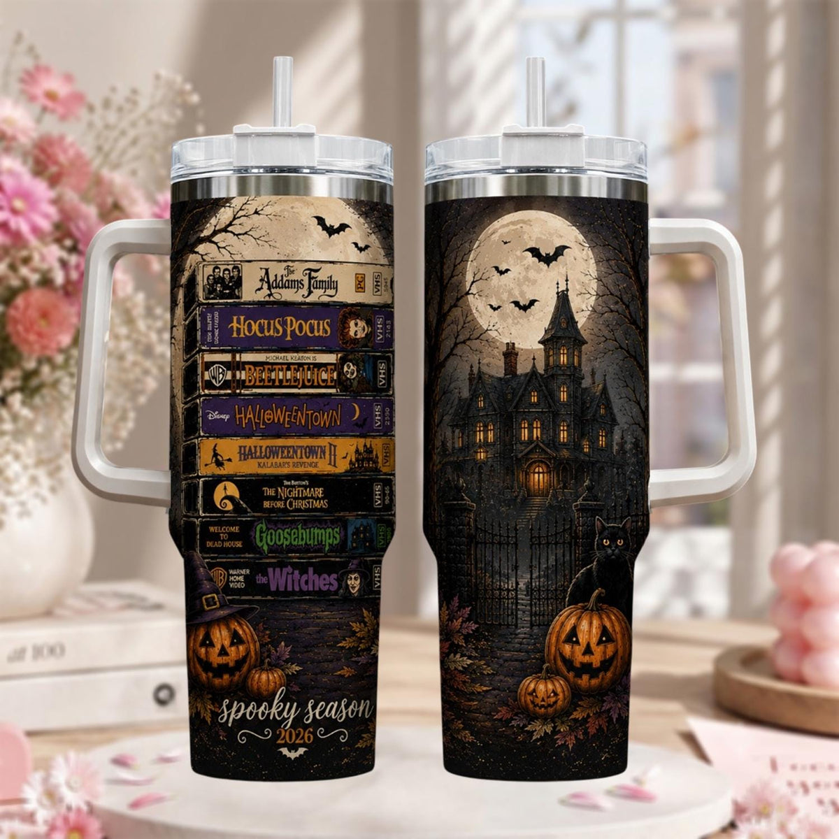 Personalized Halloween Tumbler 40oz, Custom Halloween Cup With Handle, Spooky Haunted House Tumbler, Halloween Gift, Witchy Tumbler